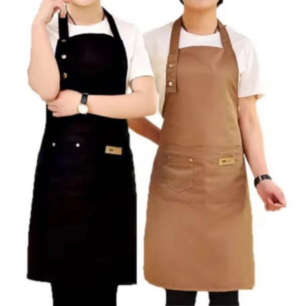 Two people wearing adjustable cotton kitchen aprons, one black and one brown.