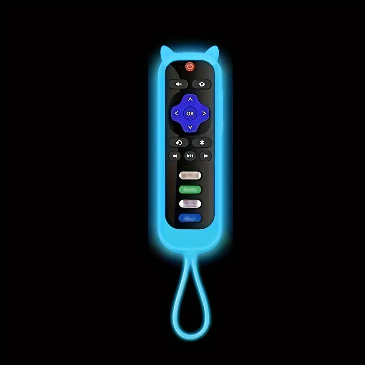 A remote control with glowing blue accents and a flexible cord, designed as a cover for cat ears.