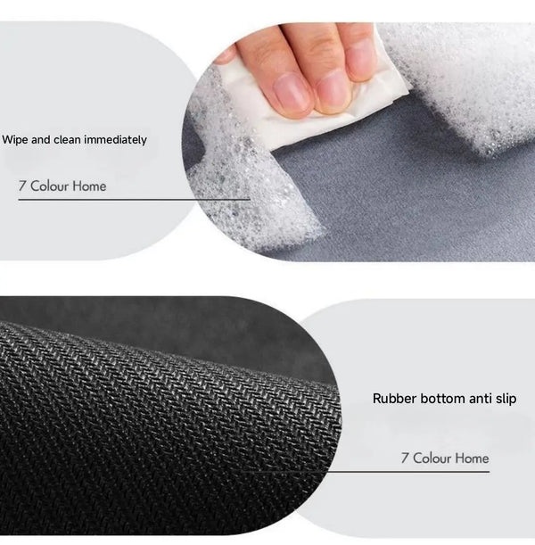 Close-up of a black anti-slip floor mat showing its texture and features like immediate cleaning and rubber bottom.
