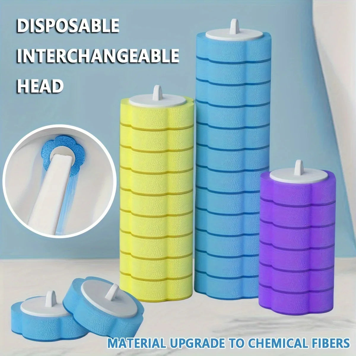 Three interchangeable disposable toilet brush heads in yellow, blue, and purple with a material upgrade to chemical fibers