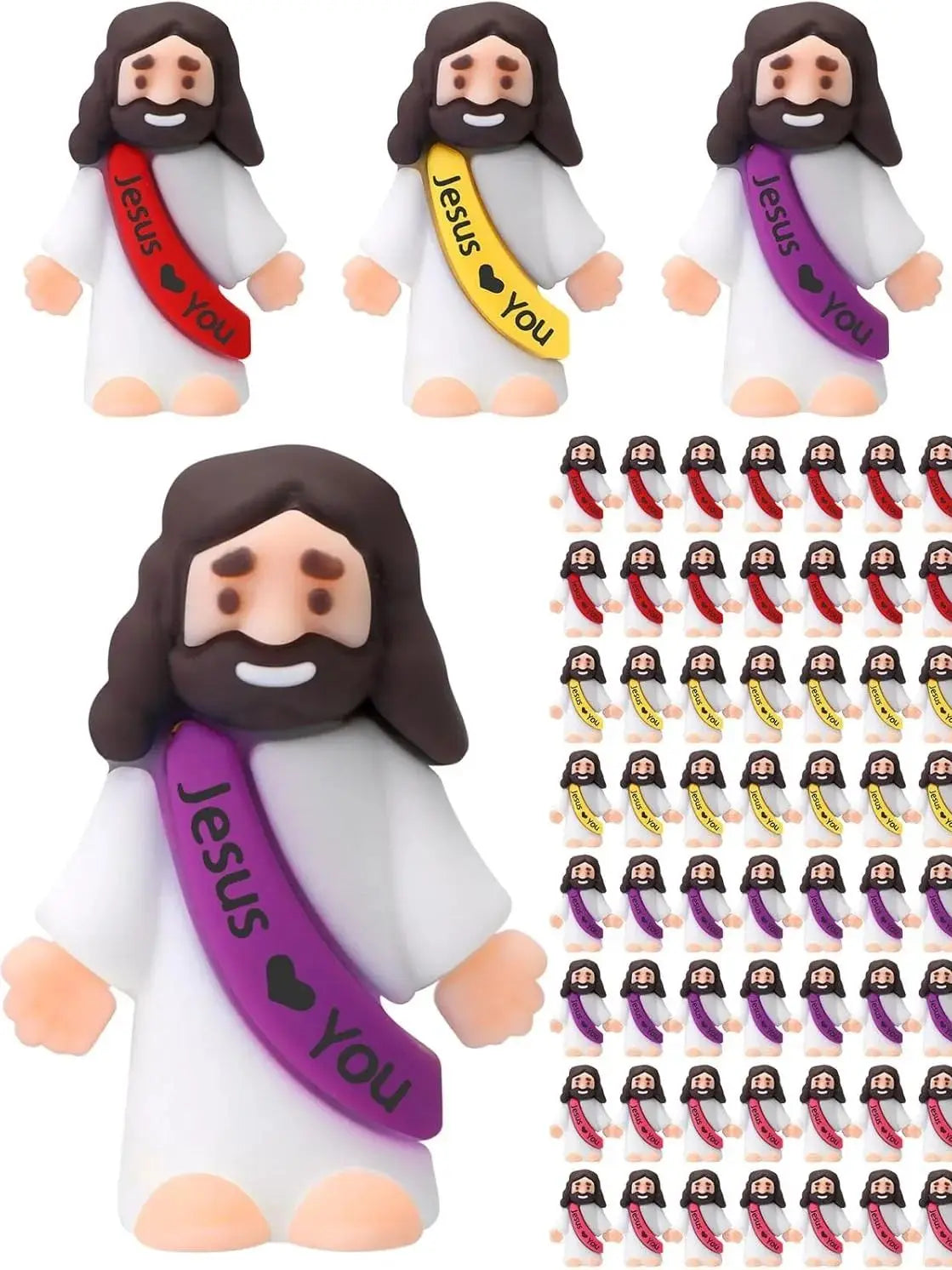 Un ensemble d'ornements miniatures de Jésus en blanc et violet avec un motif de cœur.