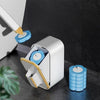 A white disposable toilet cleaning brush is shown next to a roll of blue cleaning wipes on a dark surface.