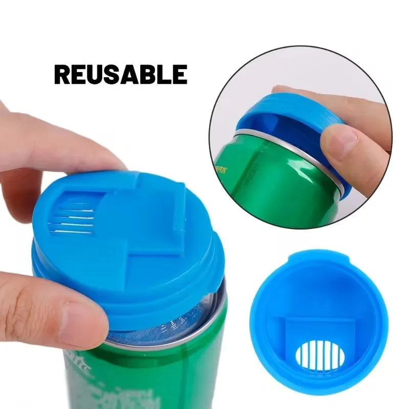 A hand is shown holding a reusable plastic beverage can with a blue cap and green body, demonstrating its seal.