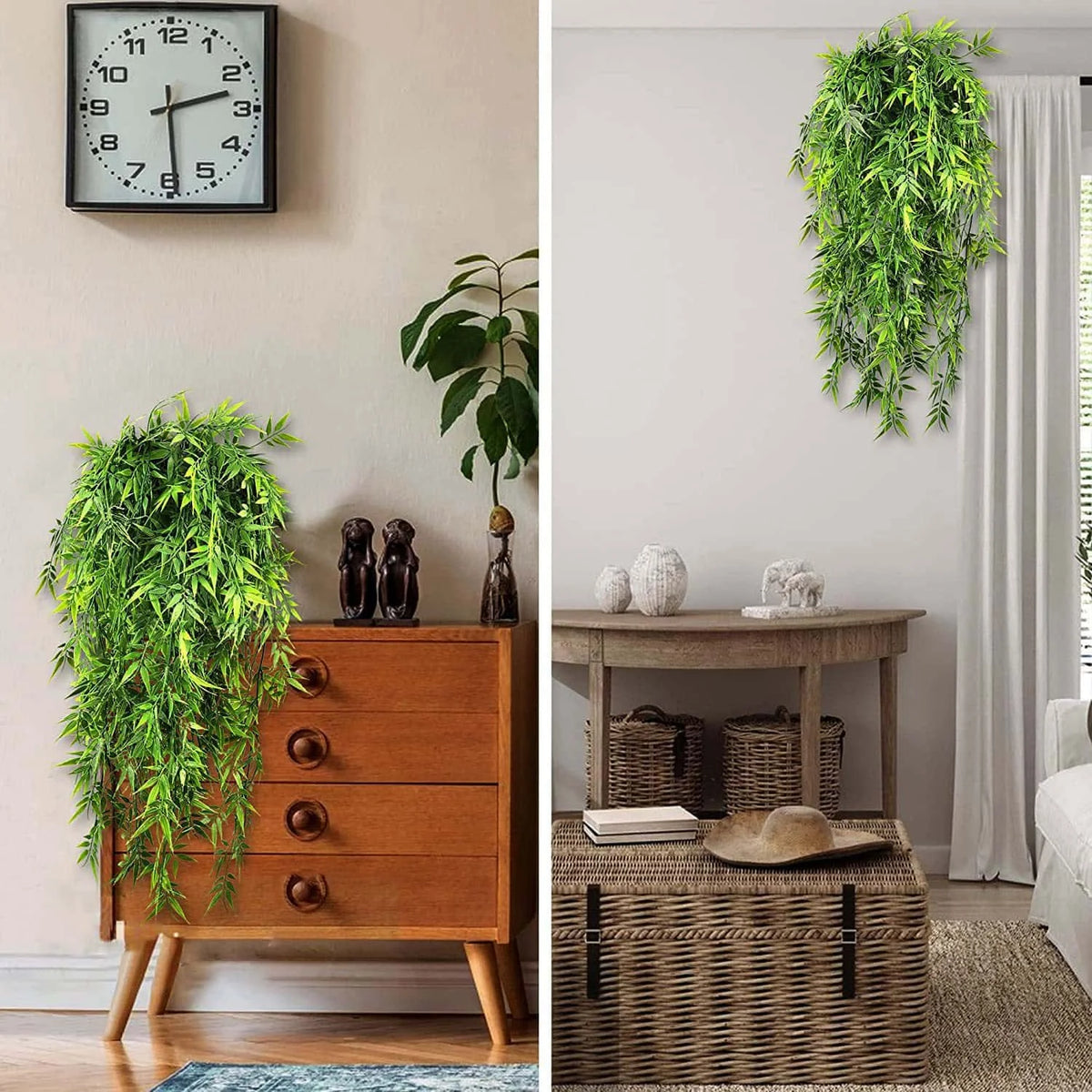 Enredaderas artificiales verdes colgando en una maceta, expuestas en un mueble de madera junto a un reloj.