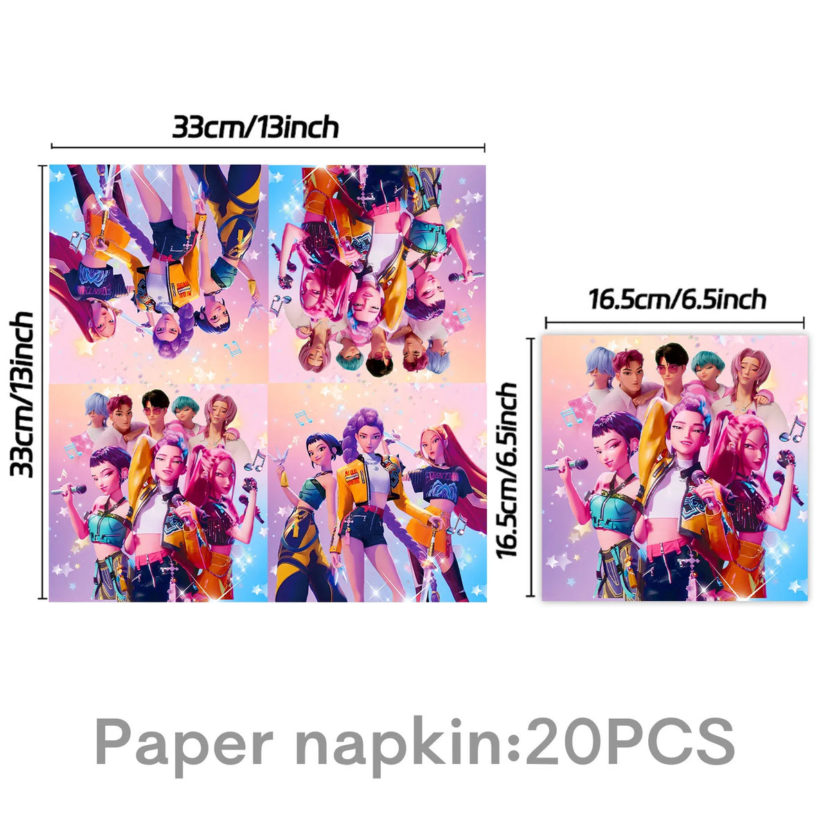 A set of 20 paper napkins featuring K-Pop themed images and colorful designs.