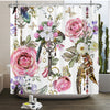 Rideau de douche floral élégant avec des roses roses et blanches, du feuillage et des accents dorés.