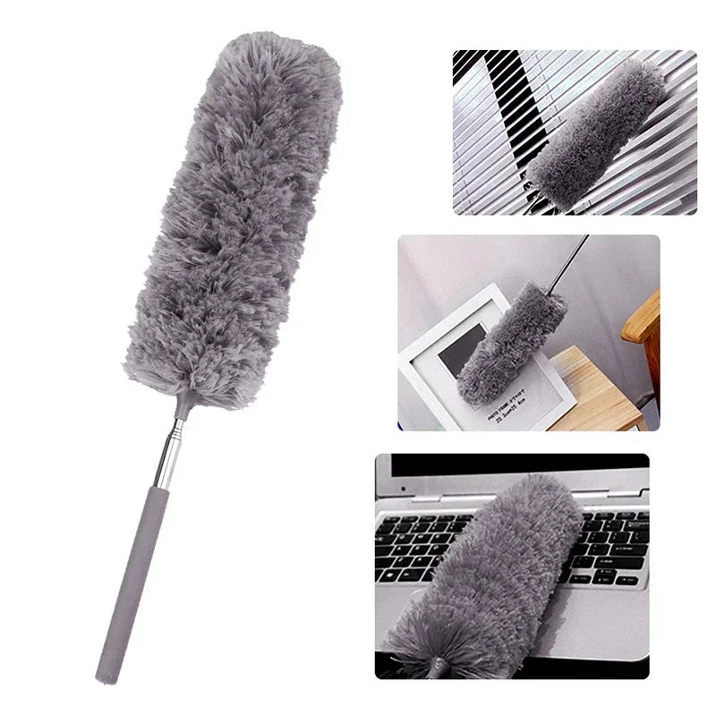 A gray telescopic electrostatic microfiber duster with an extendable stainless steel handle shown in various views.