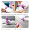 Step-by-step guide showing how to pass a silicone lid lifter through a toilet seat and adjust its length for use
