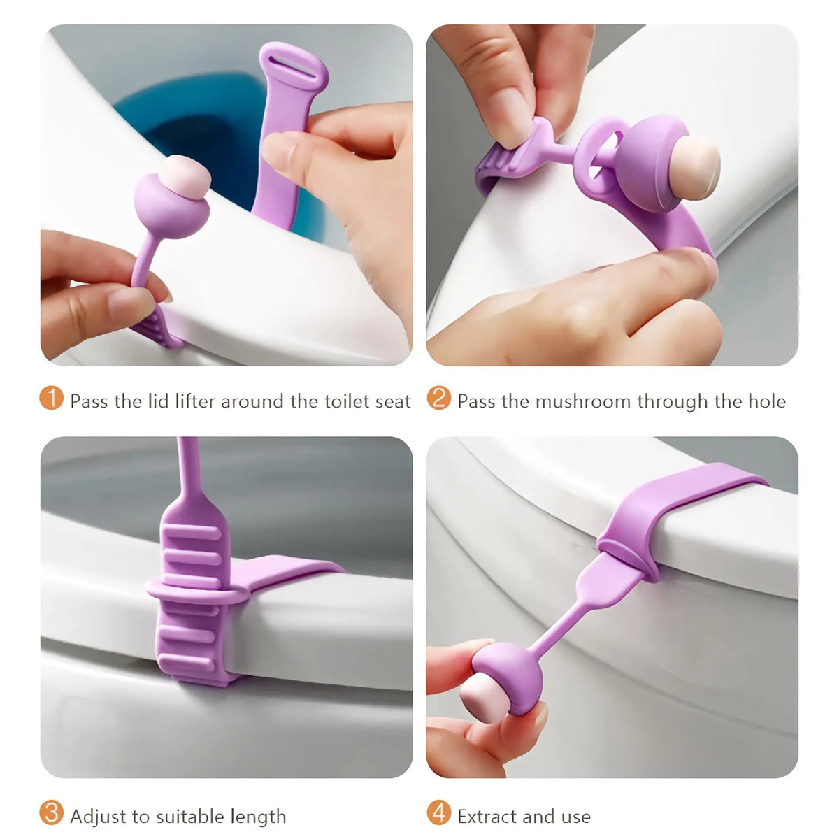 Step-by-step guide showing how to pass a silicone lid lifter through a toilet seat and adjust its length for use
