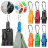 A set of durable glove clips and buckles in various colors including black, blue, orange, red, and green for work safety.