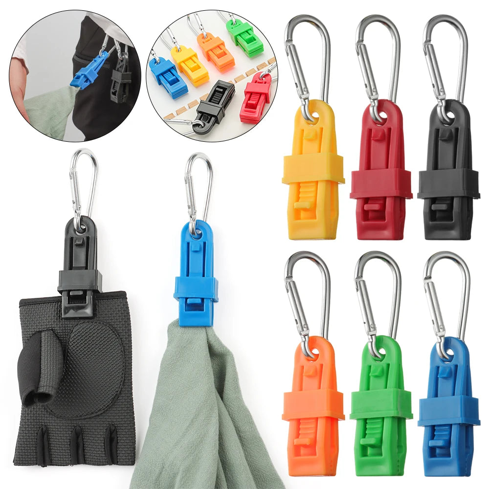 A set of durable glove clips and buckles in various colors including black, blue, orange, red, and green for work safety.