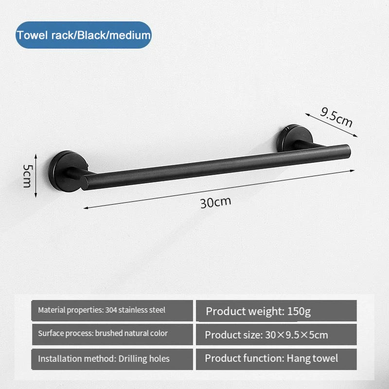 A black towel rack with a 30cm bar and 5cm length, made of 304 stainless steel for hanging towels.