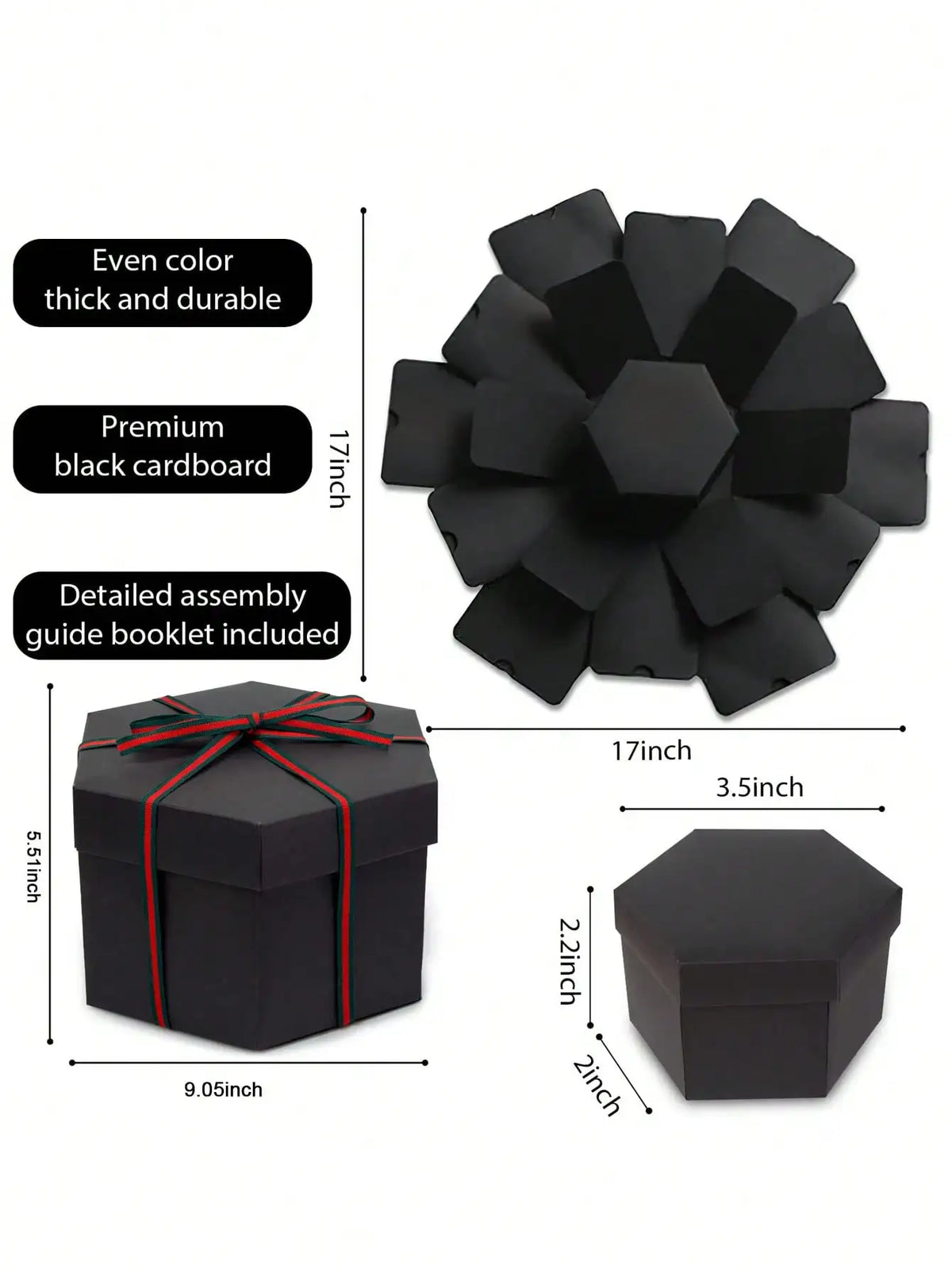 Schwarze Fotoalbumbox mit Deckel aus dickem, robustem Karton und Montageanleitung.