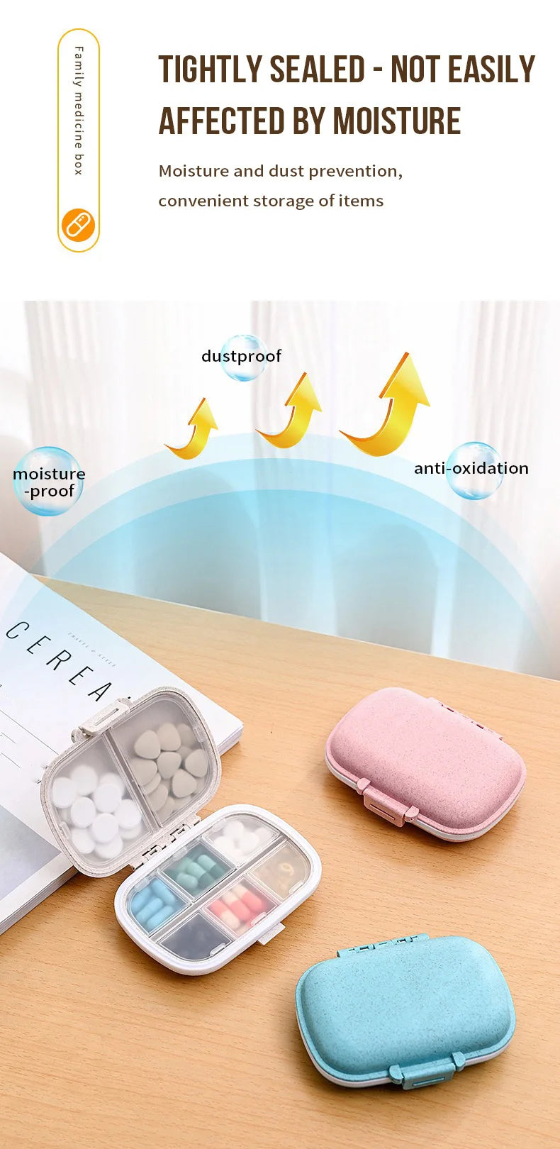 A collection of portable pill organizers in pink and blue, demonstrating airtight sealing for moisture and dust protection.
