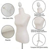 A white adjustable female dress form mannequin with a removable head cover and triangular base.