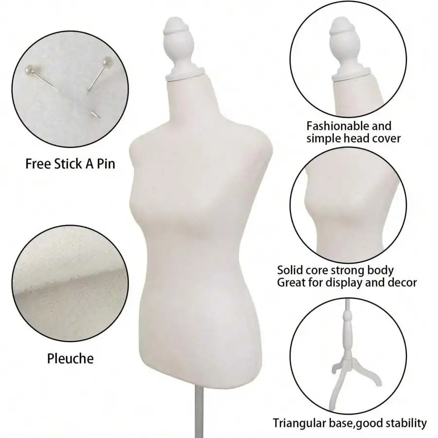 A white adjustable female dress form mannequin with a removable head cover and triangular base.