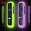 Two glow-in-the-dark silicone remote control covers in lime green and purple with lanyards