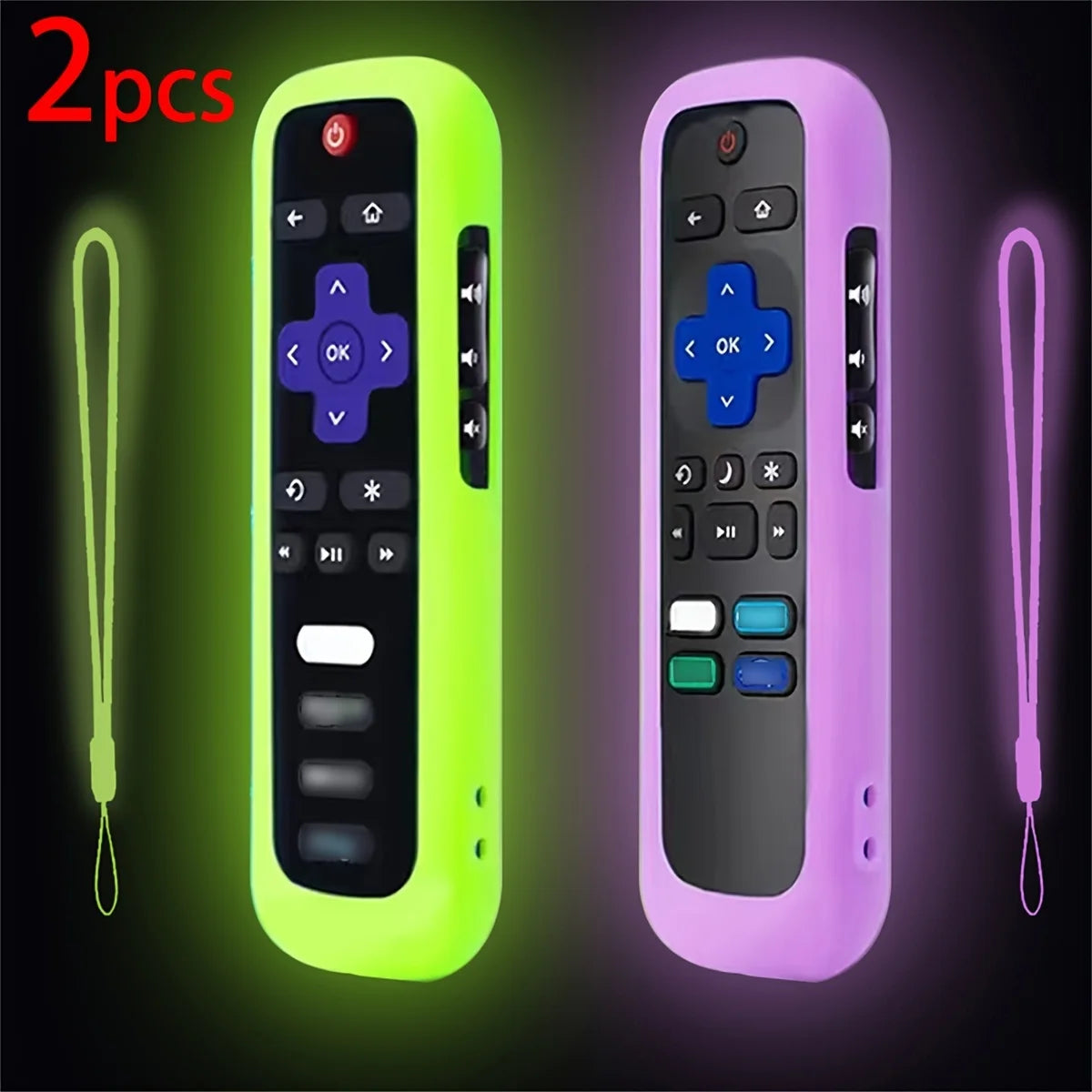 Two glow-in-the-dark silicone remote control covers in lime green and purple with lanyards