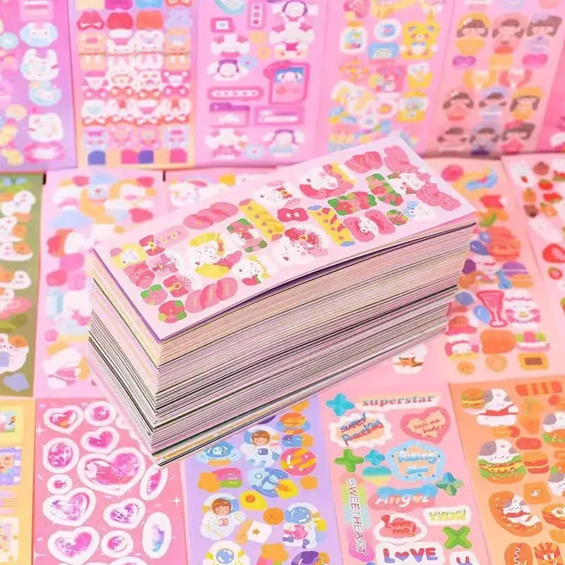 A stack of pink and colorful kawaii DIY stickers for crafting and decoration