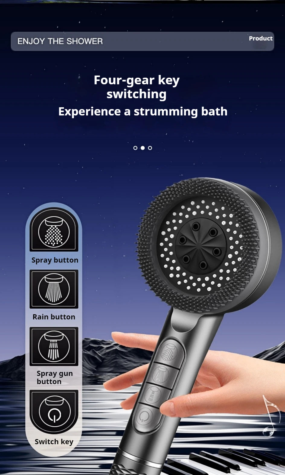 A hand holds a silver shower head with multiple buttons and a switch key over a piano keyboard.