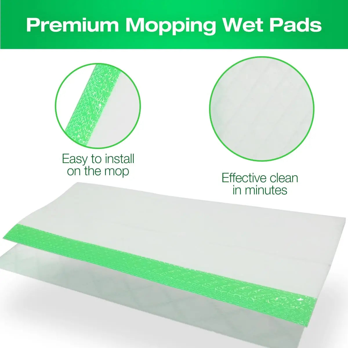 A box of Premium mopping wet pads with a green and white design shown next to a circular graphic.