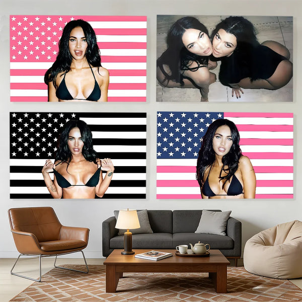 A display of customizable decorative fabric banners featuring various patriotic designs.