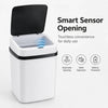 A white smart sensor opening trash can with a black lid, demonstrating touchless convenience for daily use.
