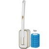 A white replacement disposable toilet cleaning brush and six blue cleaning pads.