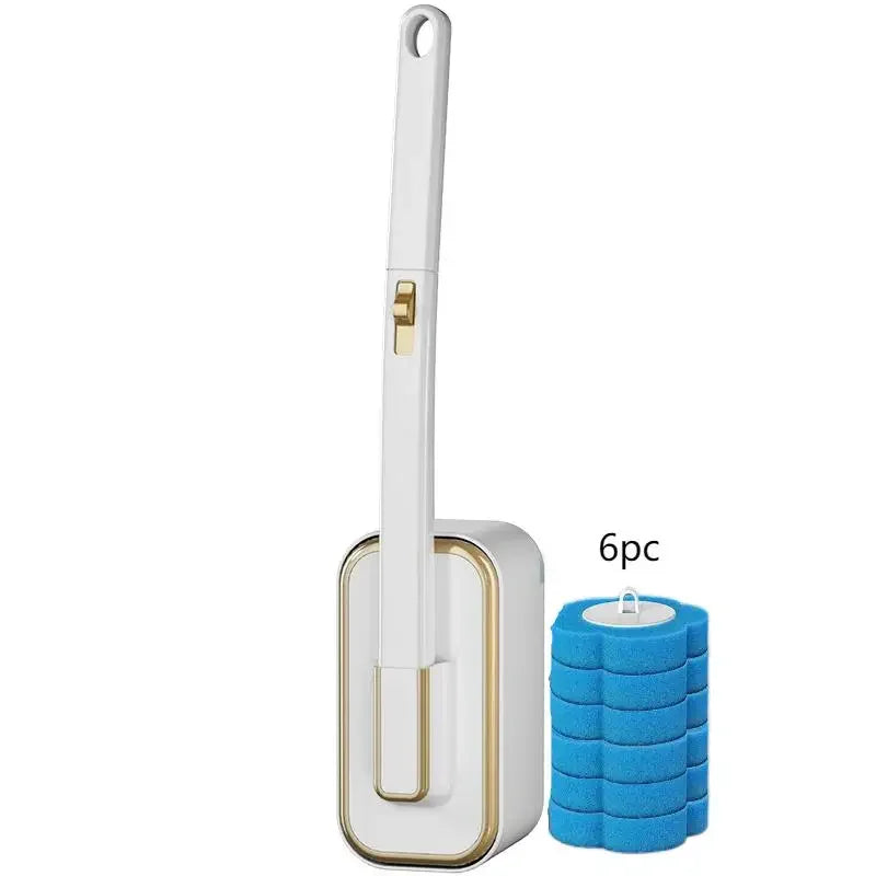 A white replacement disposable toilet cleaning brush and six blue cleaning pads.