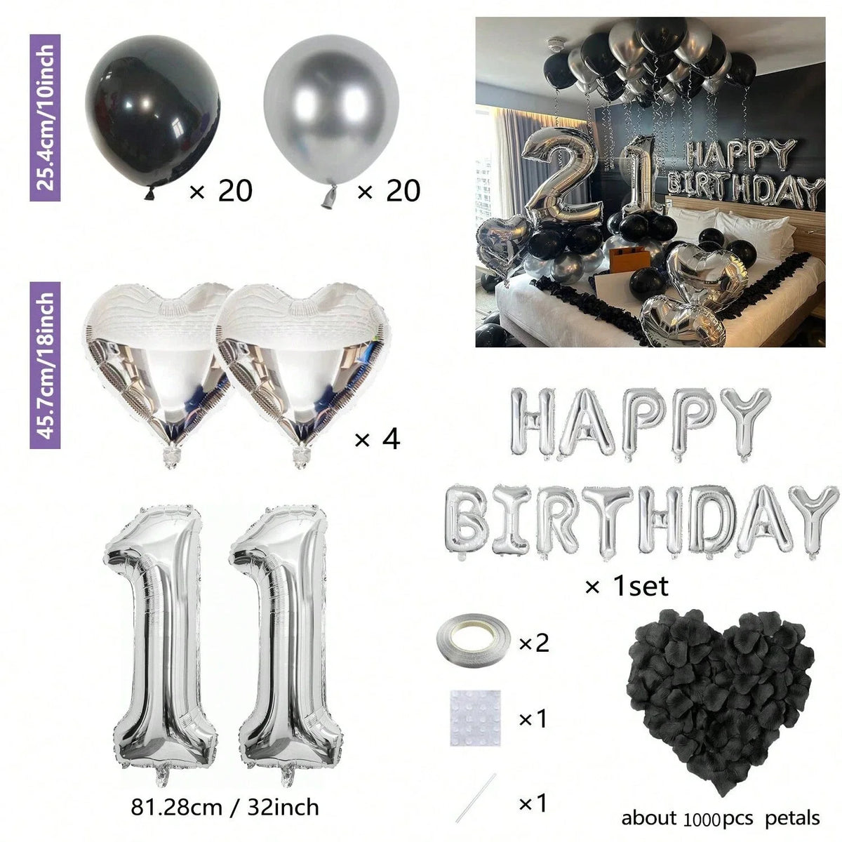 Bulk set of silver and black balloons including round, letter, and heart shapes for parties