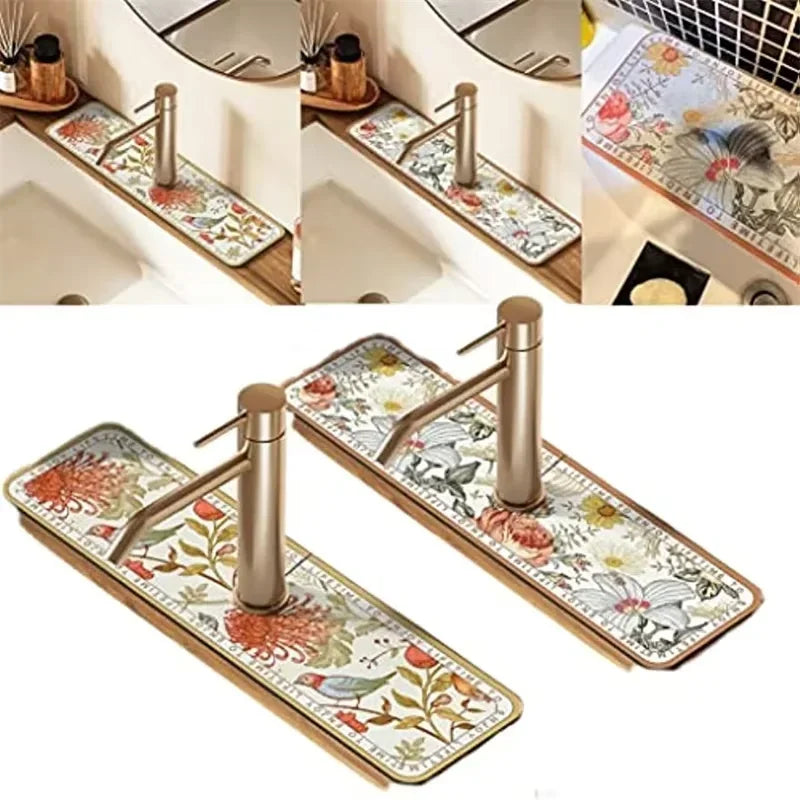 A set of natural diatomaceous earth faucet mats with modern metal handles and floral patterns.