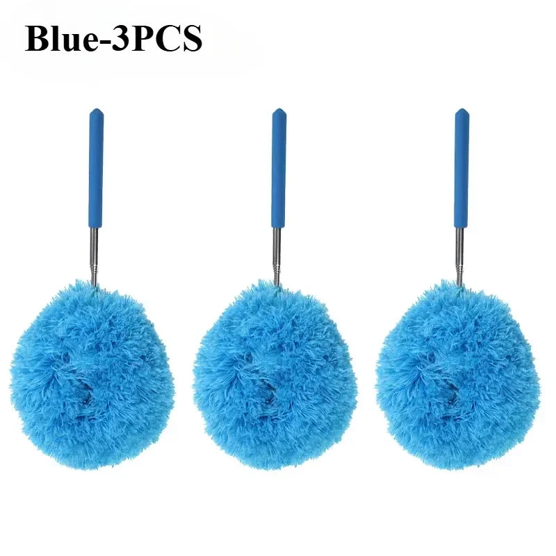 Three blue extendable microfiber duster tools with handles and fluffy heads