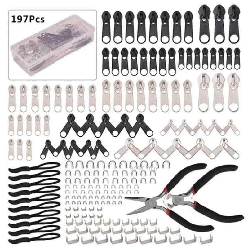 A collection of zipper repair kits including metal sliders and various components for zipper repair.