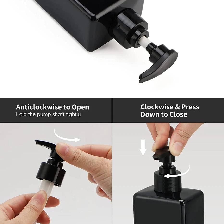 Close-up view of a black refillable pump bottle with a black pump mechanism for body wash or shampoo.