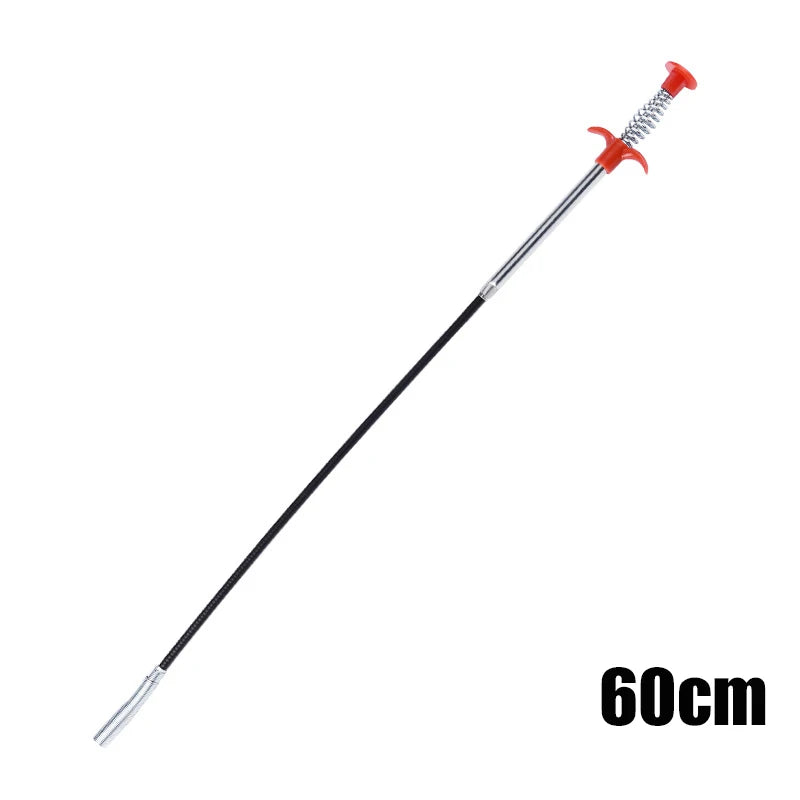 A long, thin drain auger with a claw hook tip and red handle for removing hair and debris.