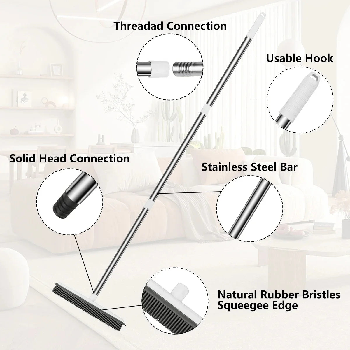 An adjustable rubber broom with a squeegee edge and hook connection shown with various components.