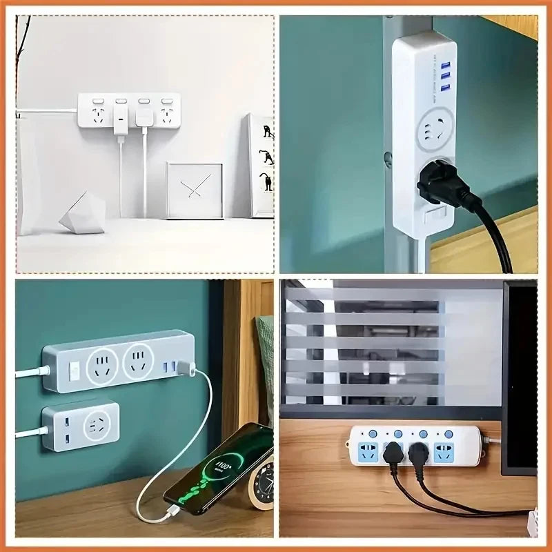 A set of self-adhesive desktop cable organizer holders and power strips mounted on a wall and desk.