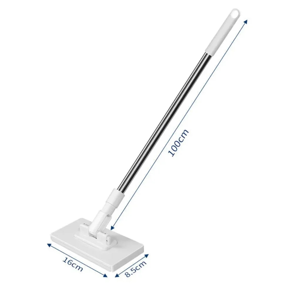 A long, slender mop with a white handle and a flat base for cleaning floors.