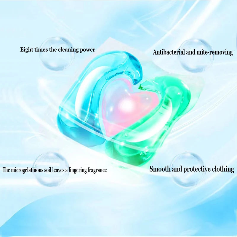 A clear plastic container of laundry beads with a heart shape, surrounded by text highlighting cleaning power and fragrance.