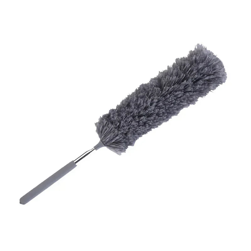 A grey telescopic electrostatic microfiber duster with an extendable stainless steel handle.