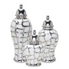 Silver ceramic flower vase with a textured, geometric pattern, shown in three views.