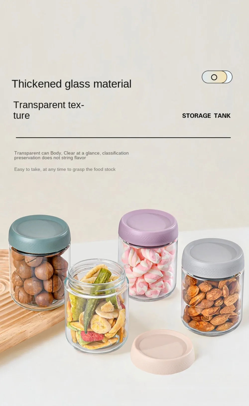 A set of clear glass meal prep jars with airtight lids, showing various dried foods and a lid.