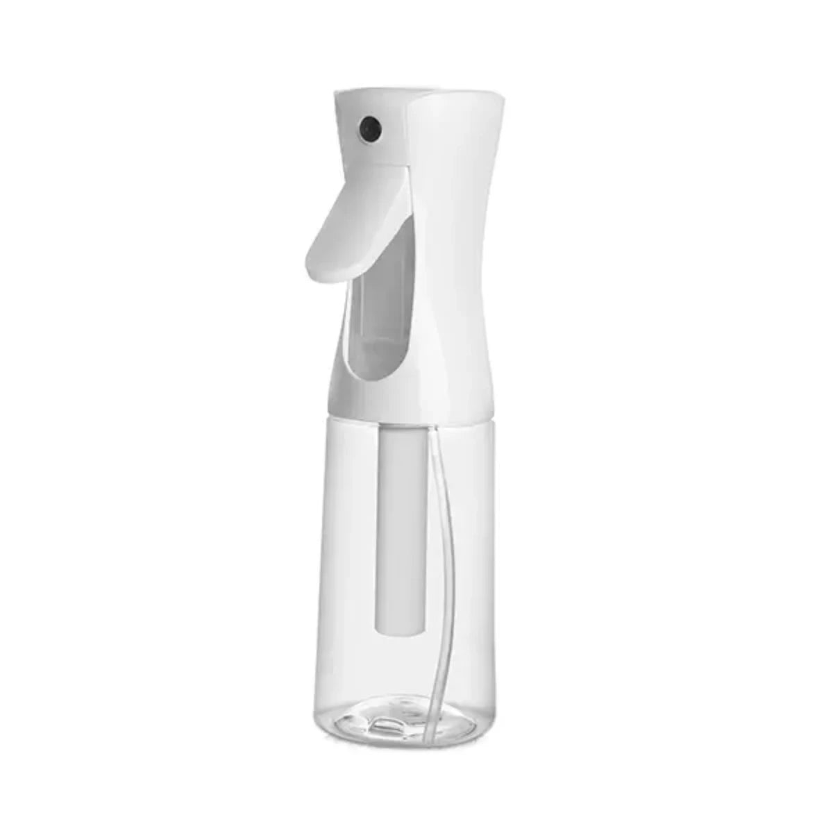 A white high pressure mist spray bottle with a pump dispenser and clear liquid inside.