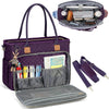 A purple quilted tote bag with multiple pockets and a laptop sleeve, shown open with accessories.