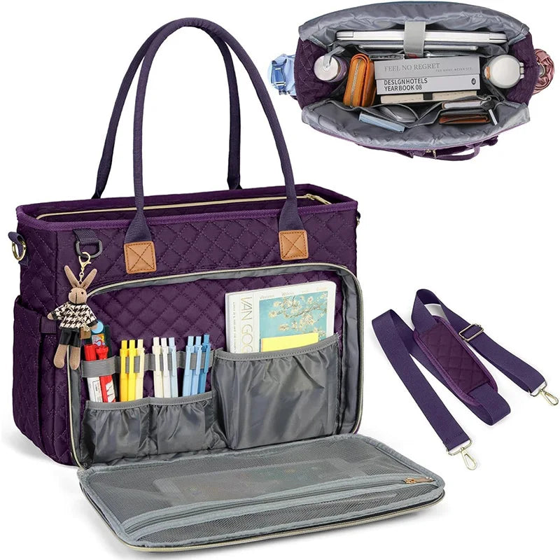 A purple quilted tote bag with multiple pockets and a laptop sleeve, shown open with accessories.