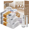 A box and stack of vacuum storage bags for compression travel bags showing various sizes like 25x4, 28x4, and 30x4 packs.