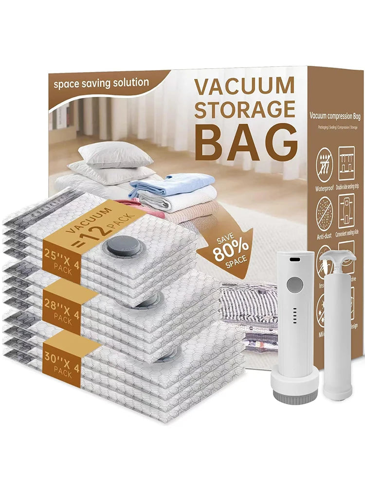 A box and stack of vacuum storage bags for compression travel bags showing various sizes like 25x4, 28x4, and 30x4 packs.