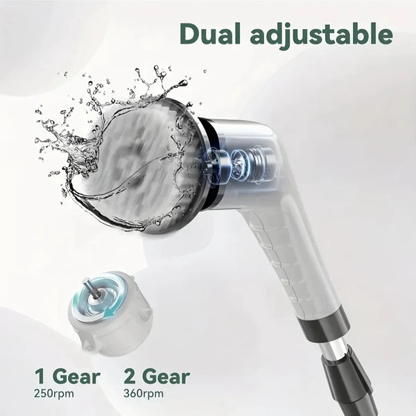 A dual adjustable cleaning brush set with a handle and two interchangeable gears shown against a white background.