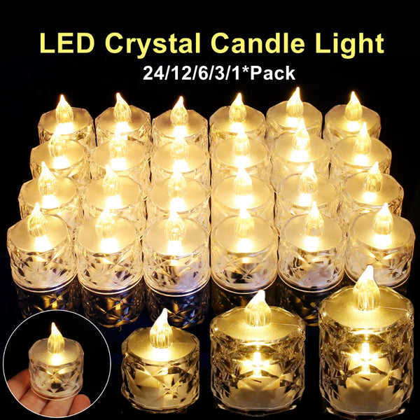 A pack of clear glass LED crystal candle lights displayed in various arrangements and close-ups.