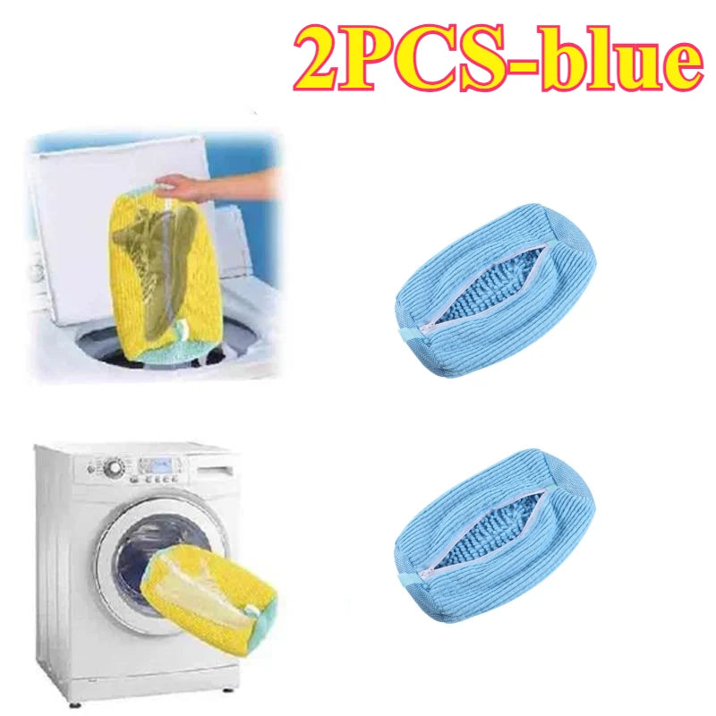 Two blue laundry bags for shoes shown next to a washing machine.